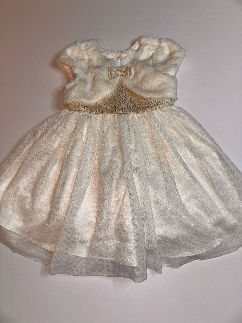 Jona Michelle Cream Gold Sparkle Dress w/ Faux Fur Shrug Bow Tulle Skirt 3T #660